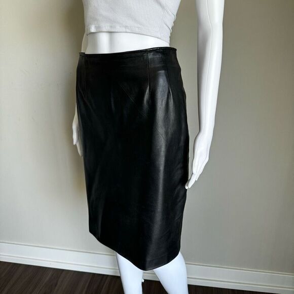 Vintage Black Leather High Rise Skirt With Back Slit - Picture 1 of 10